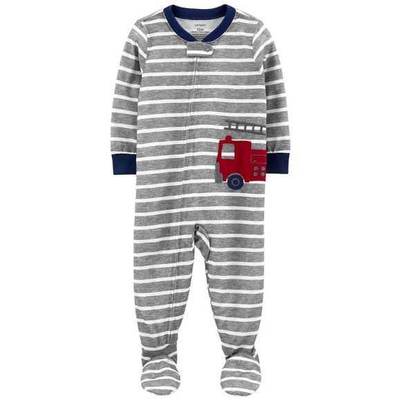 Toddler Boy 4T Carter's Fire Truck Striped Footed PJ - Picture 1 of 6
